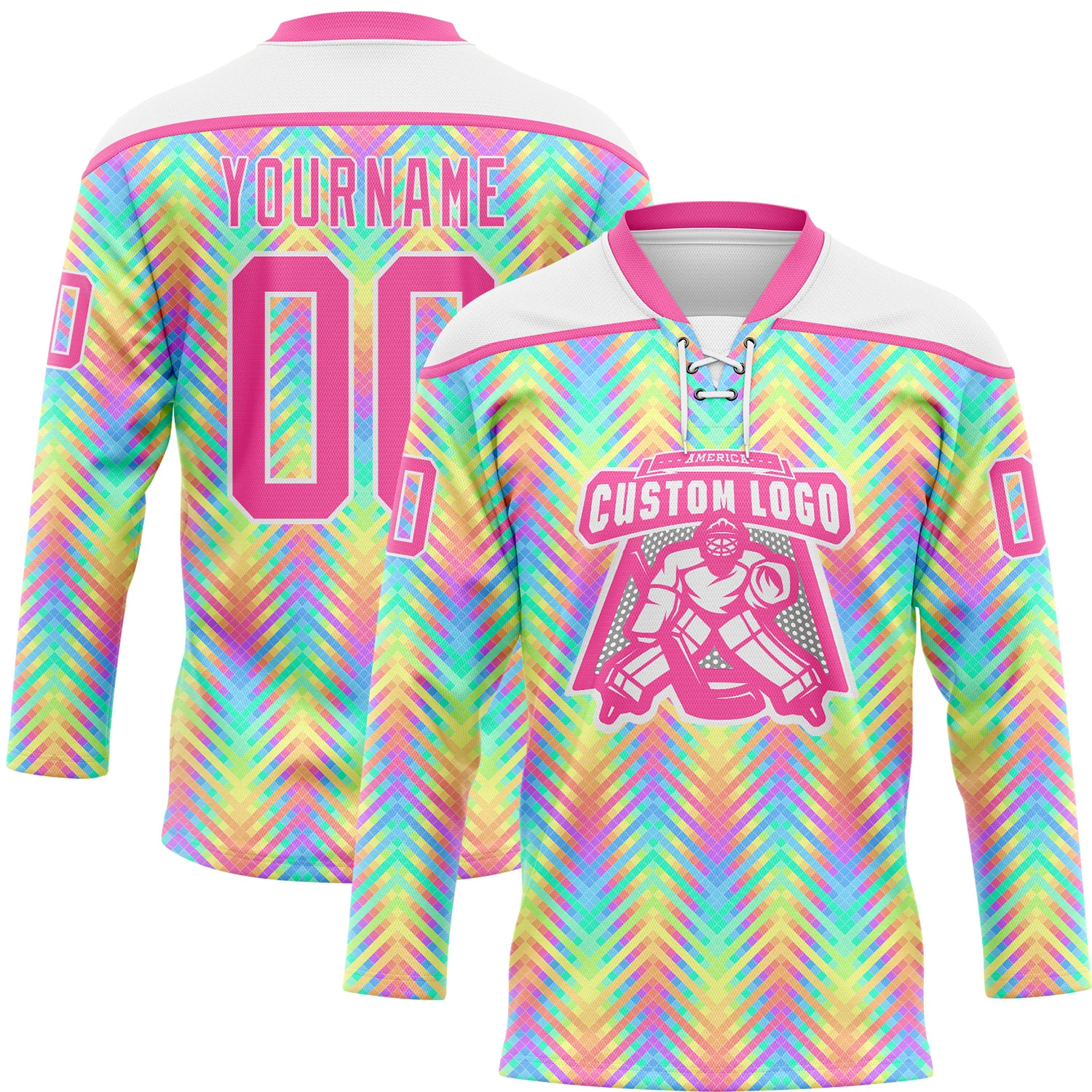 Custom White Pink Green Yellow-Purple Trippy Psychedelic Neon Hockey Lace Neck Jersey - Image 2