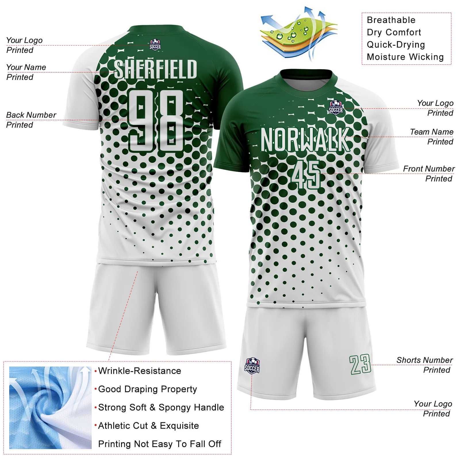 Custom White Green Modern Polka Dot Sublimation Soccer Uniform Jersey - Image 4