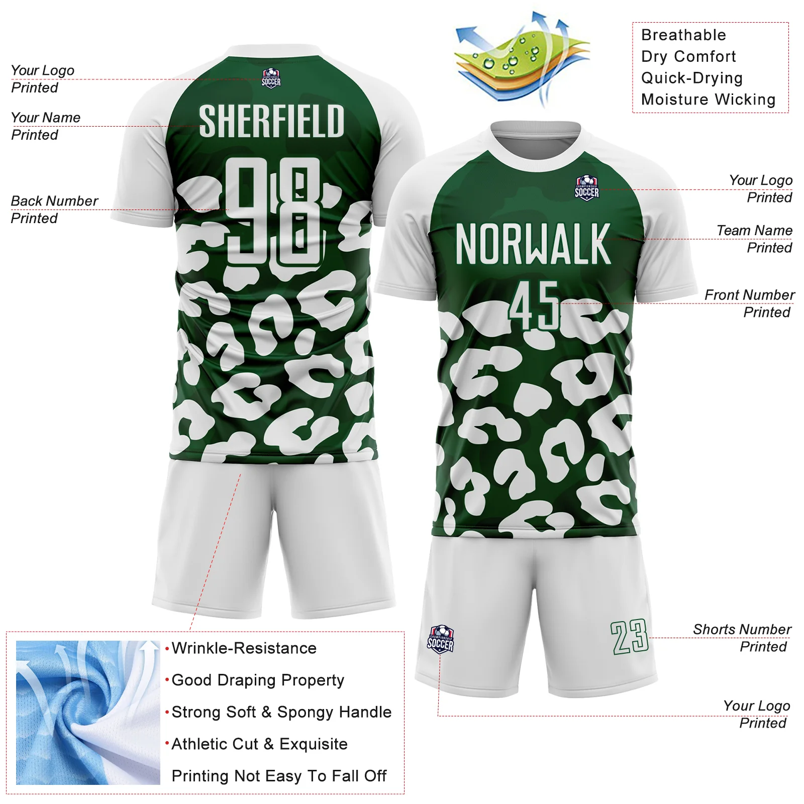Custom White Green Animal Leopard Print Sports Sublimation Soccer Uniform Jersey - Image 4