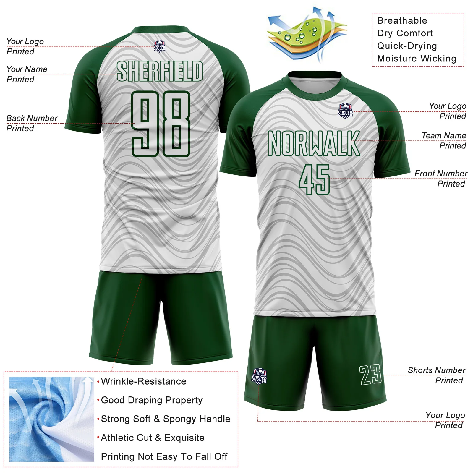 Custom White Green Wavy Lines Sports Sublimation Soccer Uniform Jersey - Image 4