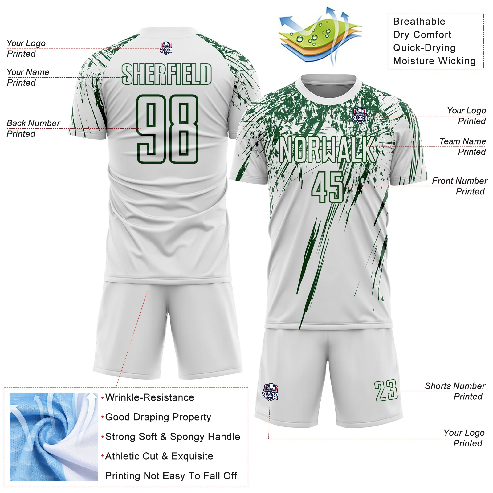 Custom White Green Splash Sports Sublimation Soccer Uniform Jersey - Image 4