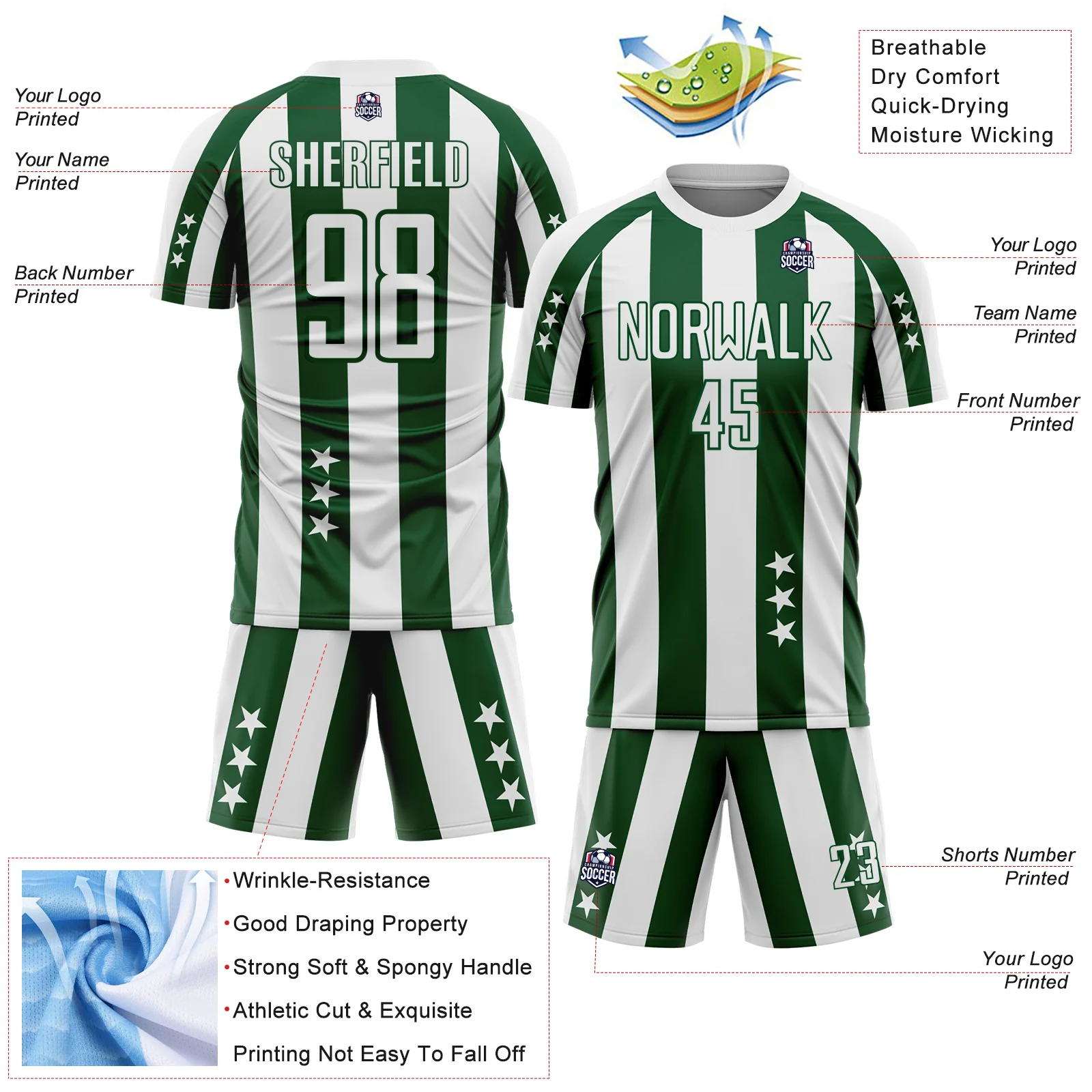 Custom White Green Stars And Stripes Sports Sublimation Soccer Uniform Jersey - Image 4