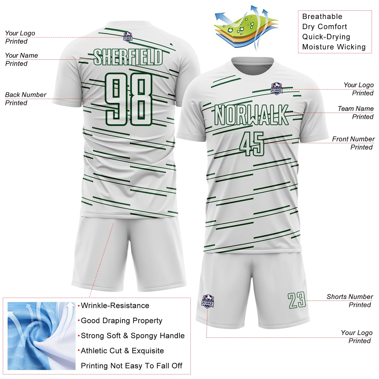 Custom White Green Diagonal Pinstripes Lines Sports Sublimation Soccer Uniform Jersey - Image 4