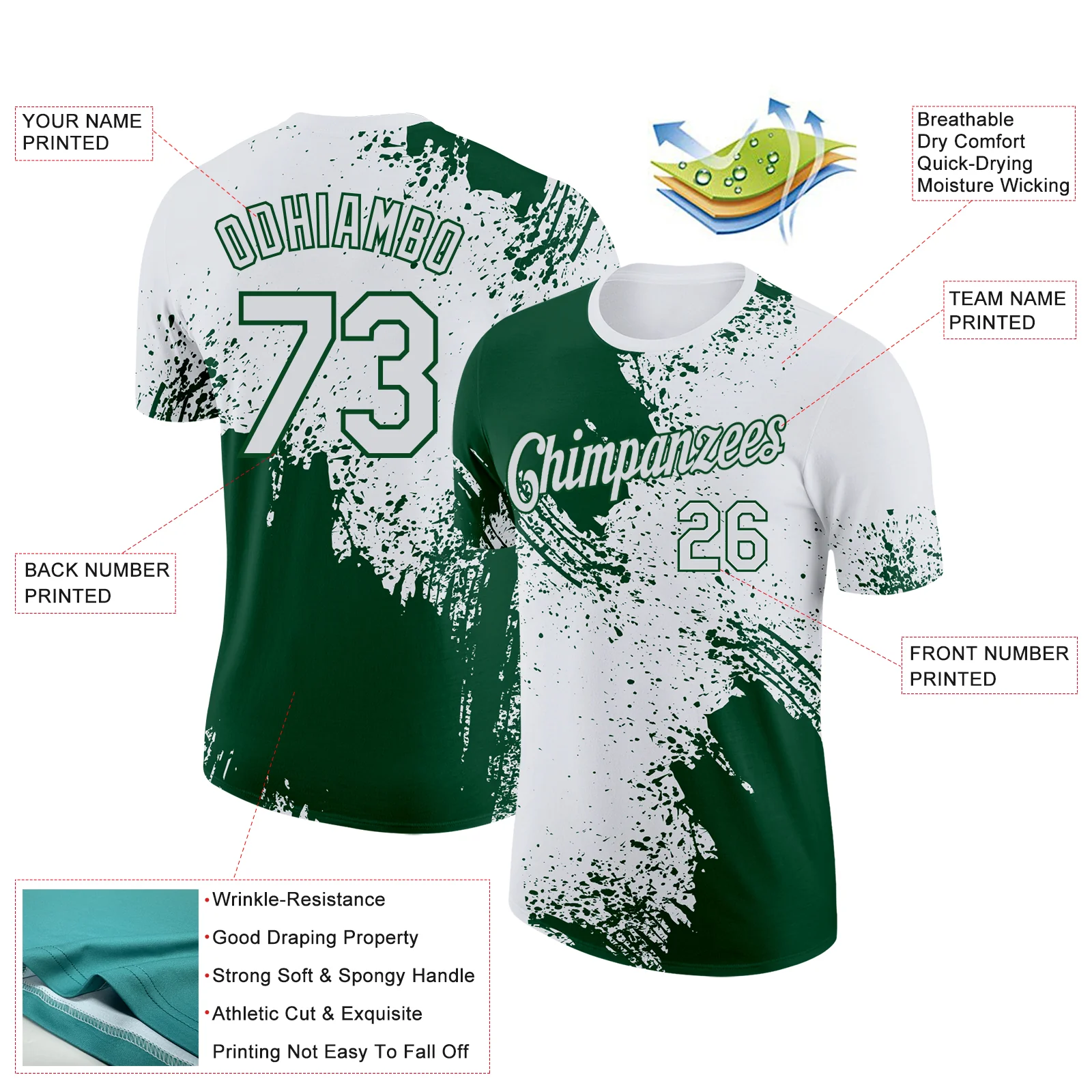 Custom White Green 3D Pattern Design Abstract Brush Stroke Performance T-Shirt - Image 2
