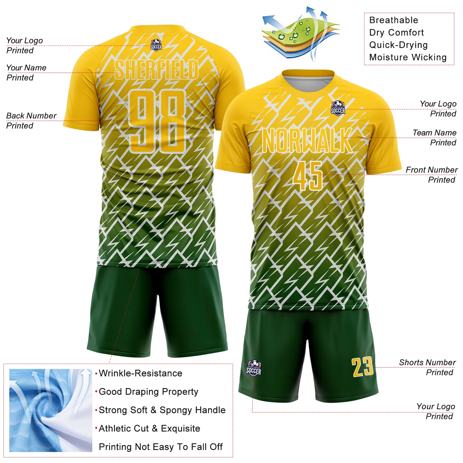 Custom Yellow Green-White Lightning Sports Sublimation Soccer Uniform Jersey - Image 4