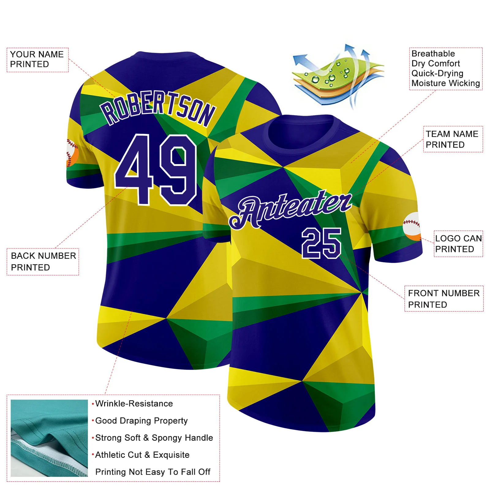 Custom Yellow Dark Purple Green-White Brazil Geometric Shape Soccer Jersey Performance T-Shirt - Image 2
