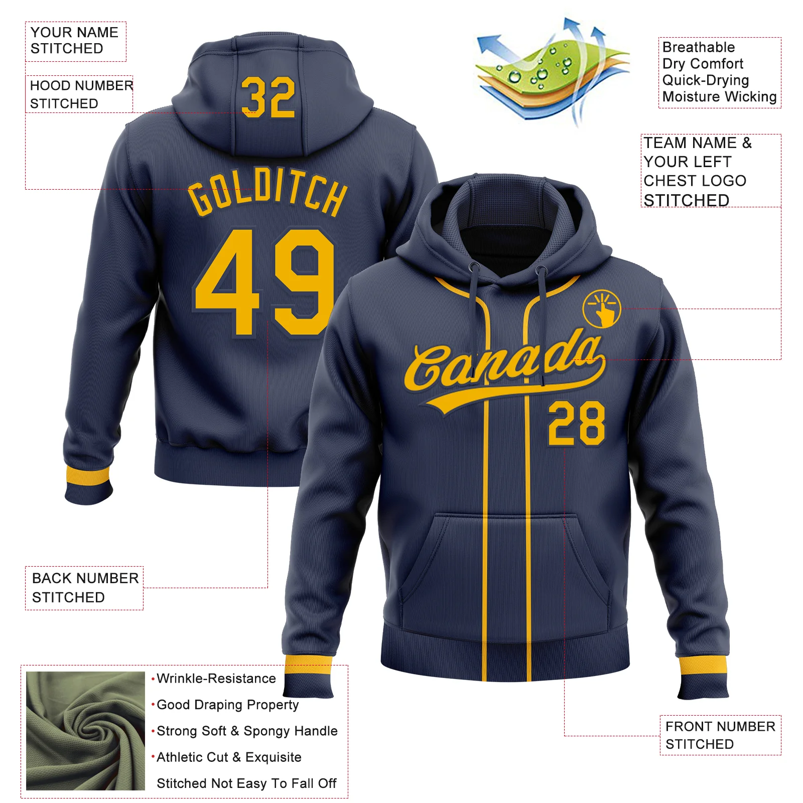 Custom Stitched Navy Gold Baseball Pullover Sweatshirt Hoodie - Image 2
