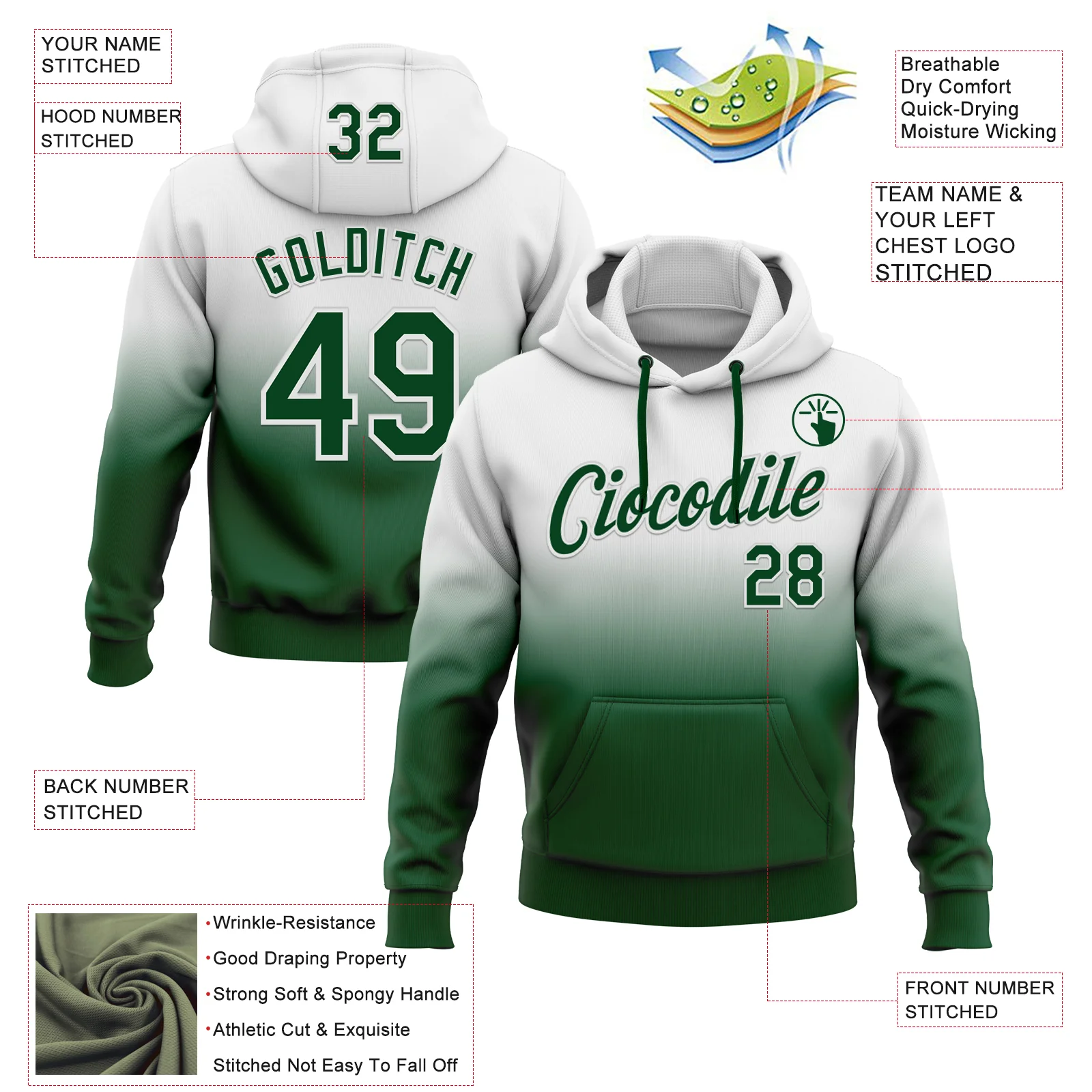 Custom Stitched White Green Fade Fashion Sports Pullover Sweatshirt Hoodie - Image 2