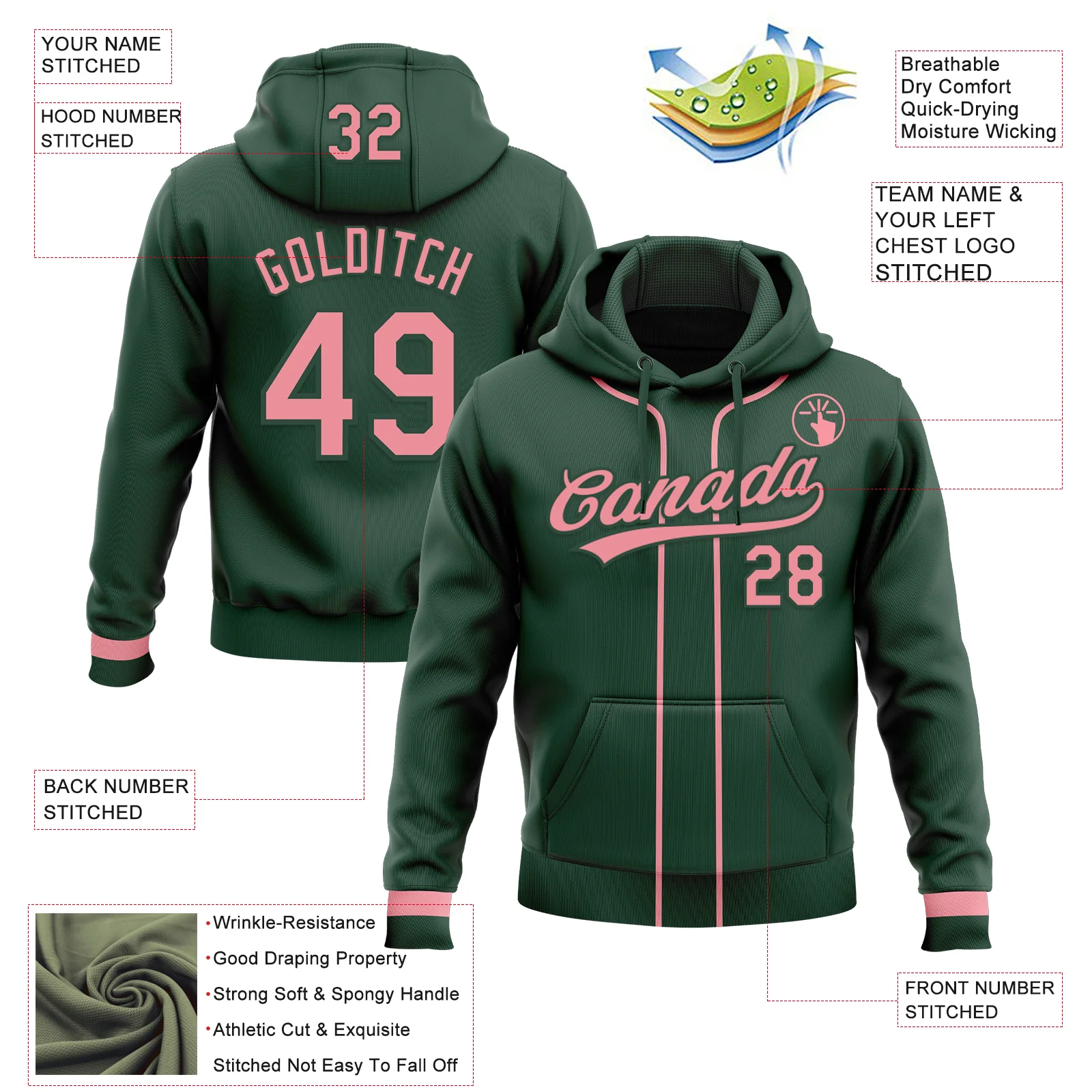 Custom Stitched Green Medium Pink Baseball Pullover Sweatshirt Hoodie - Image 2