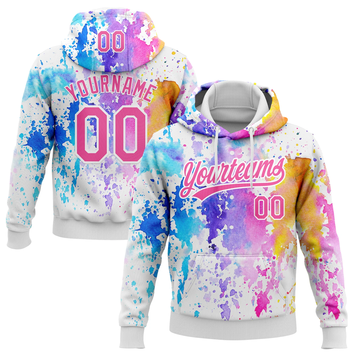 Custom Stitched White Pink 3D Pattern Design Watercolor Grunge Art Sports Pullover Sweatshirt Hoodie