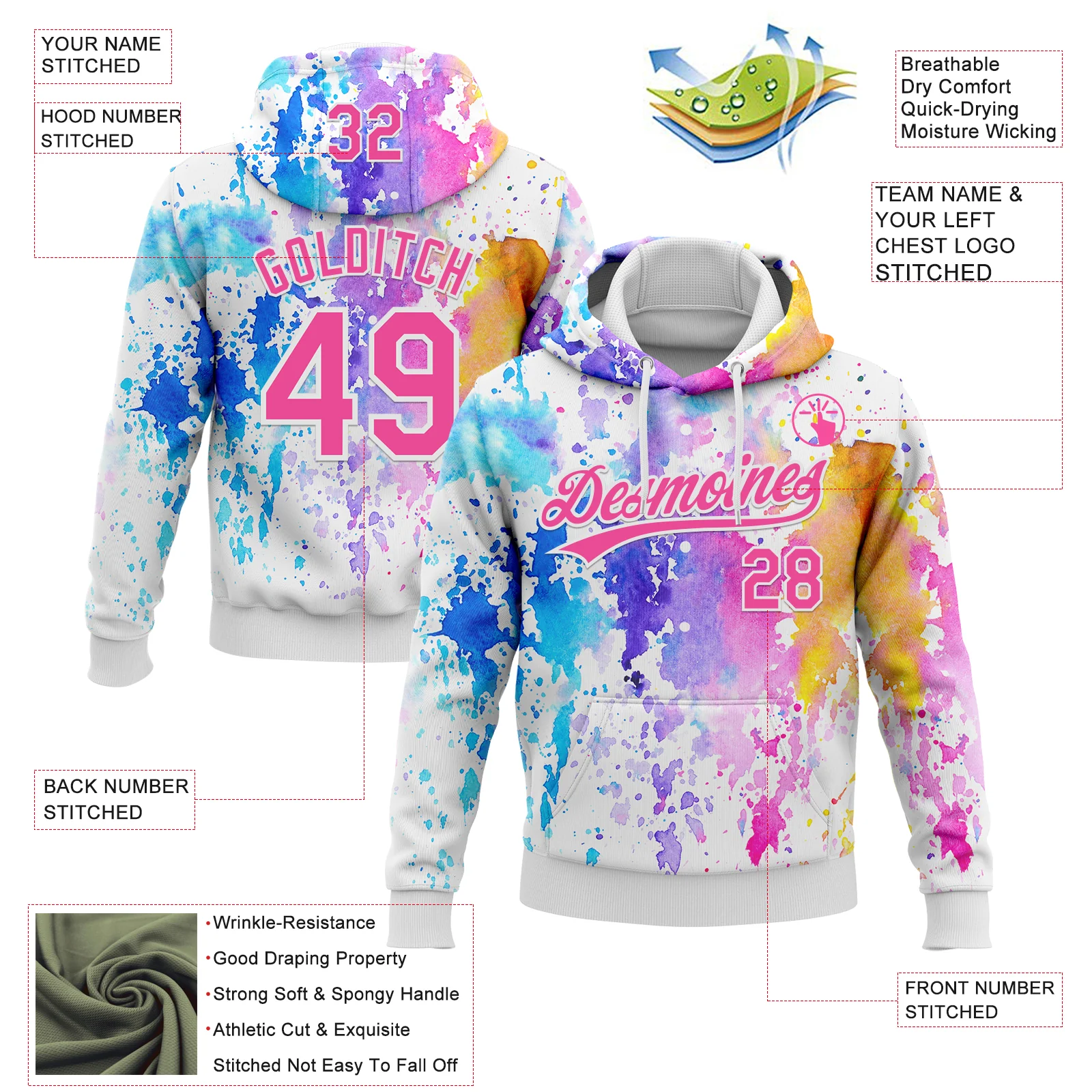 Custom Stitched White Pink 3D Pattern Design Watercolor Grunge Art Sports Pullover Sweatshirt Hoodie - Image 2