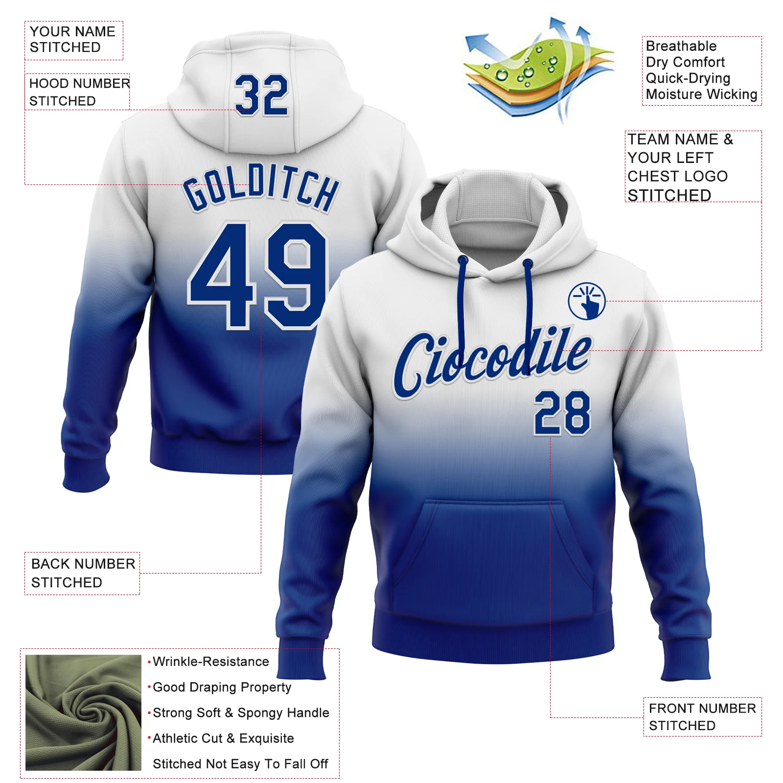 Custom Stitched White Royal Fade Fashion Sports Pullover Sweatshirt Hoodie - Image 2