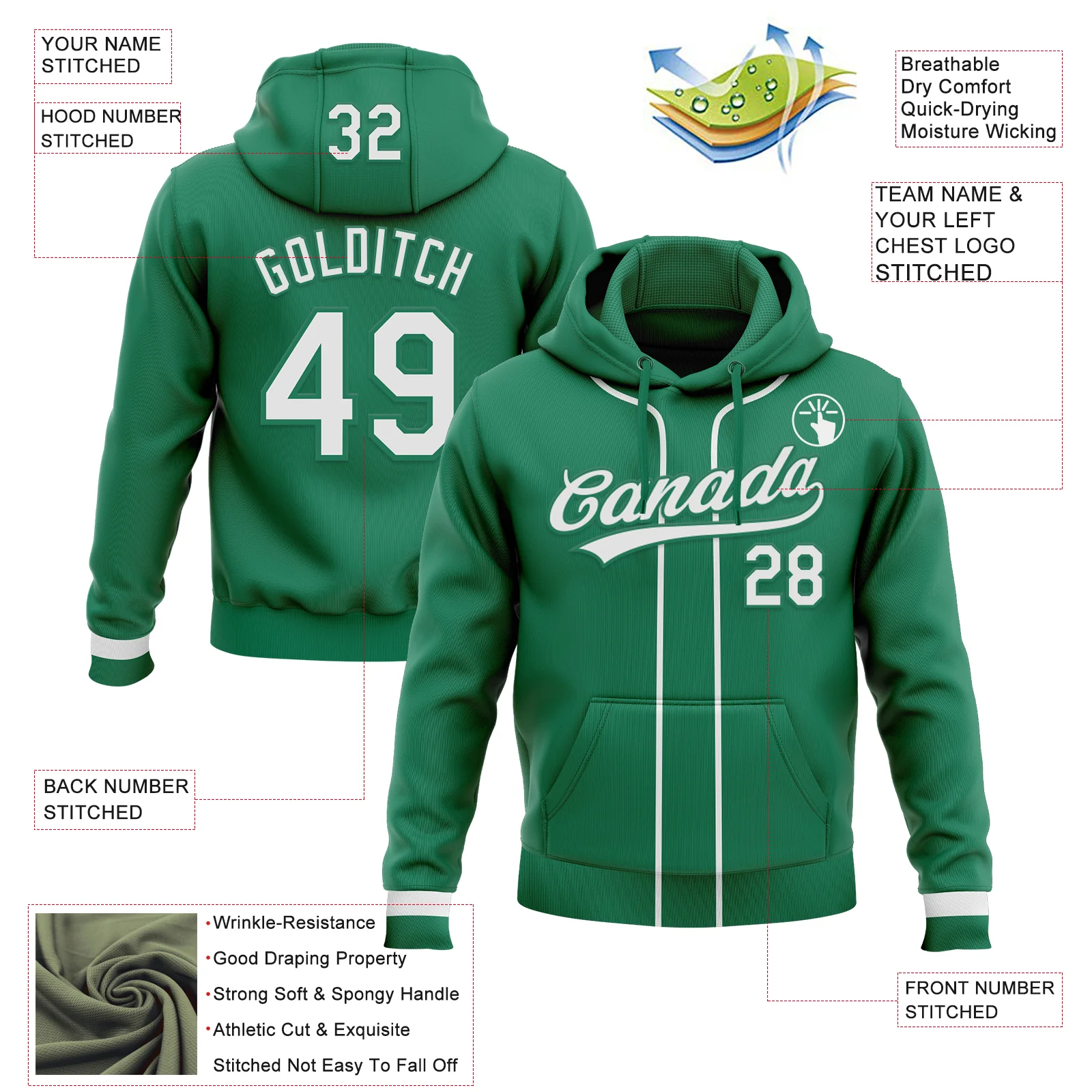 Custom Stitched Kelly Green White Baseball Pullover Sweatshirt Hoodie - Image 2