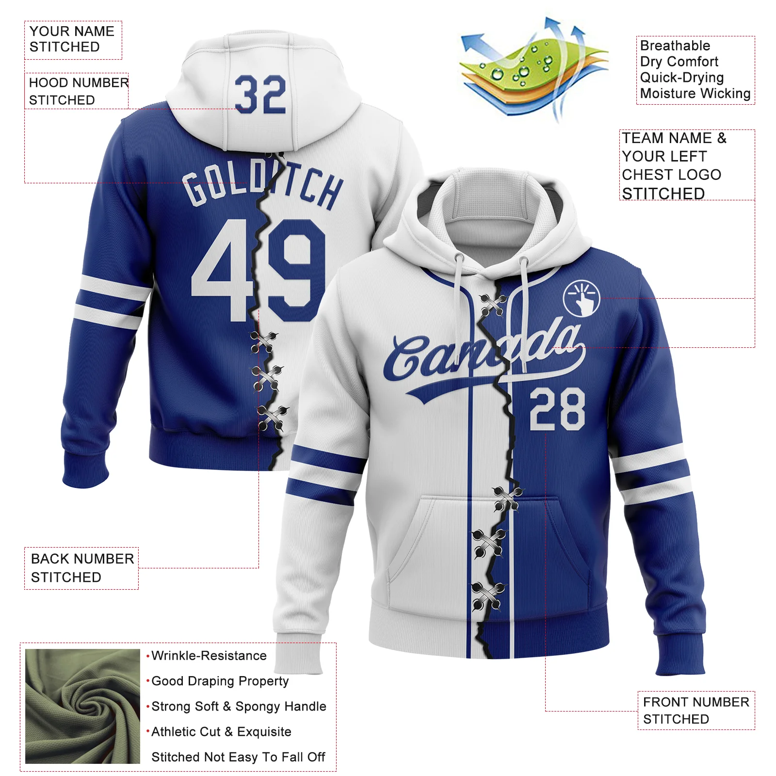 Custom Royal White Split Ripped Pattern Baseball Pullover Sweatshirt Hoodie - Image 2