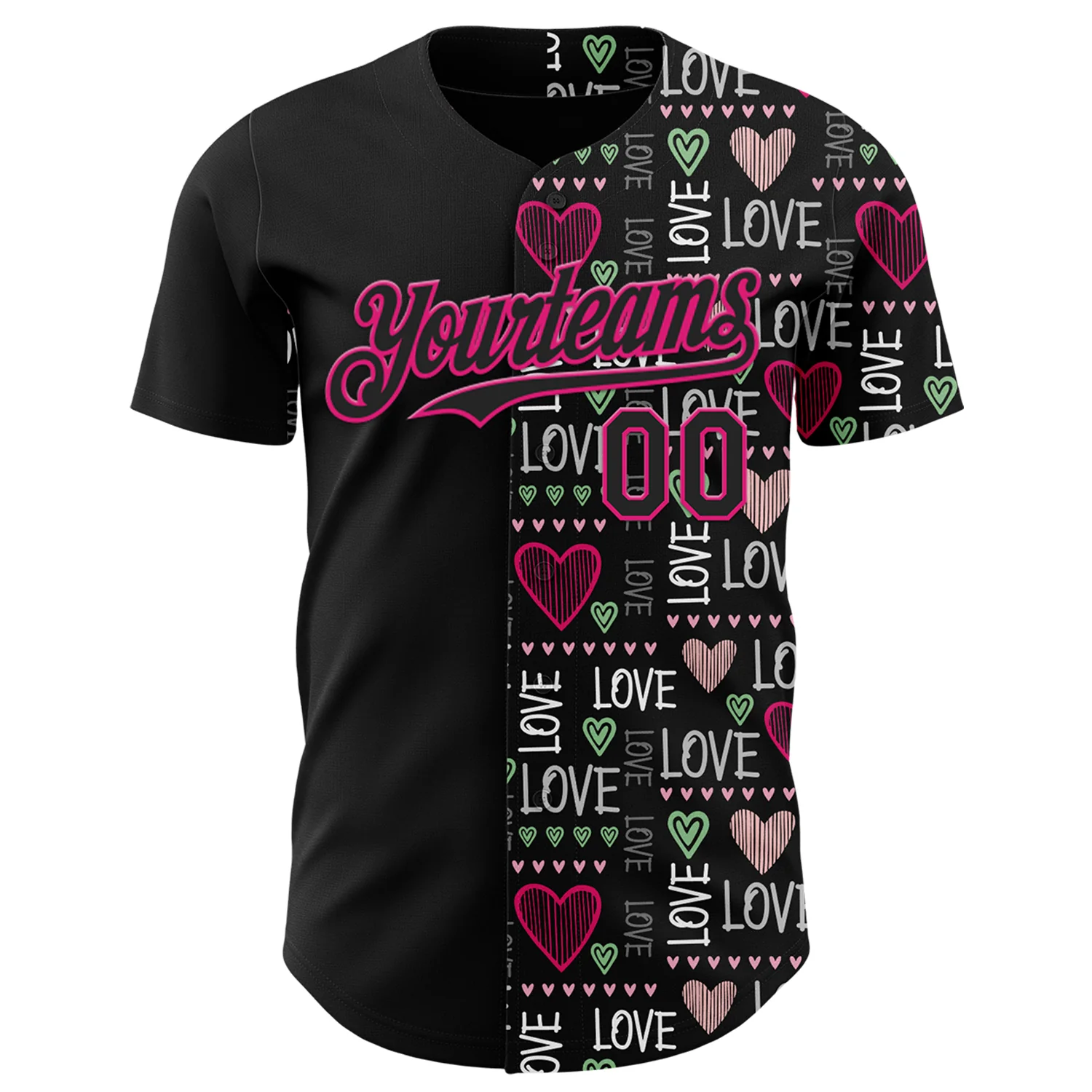 Custom Black Hot Pink Valentine's Day Love Heart Authentic Baseball Jersey - Image 2