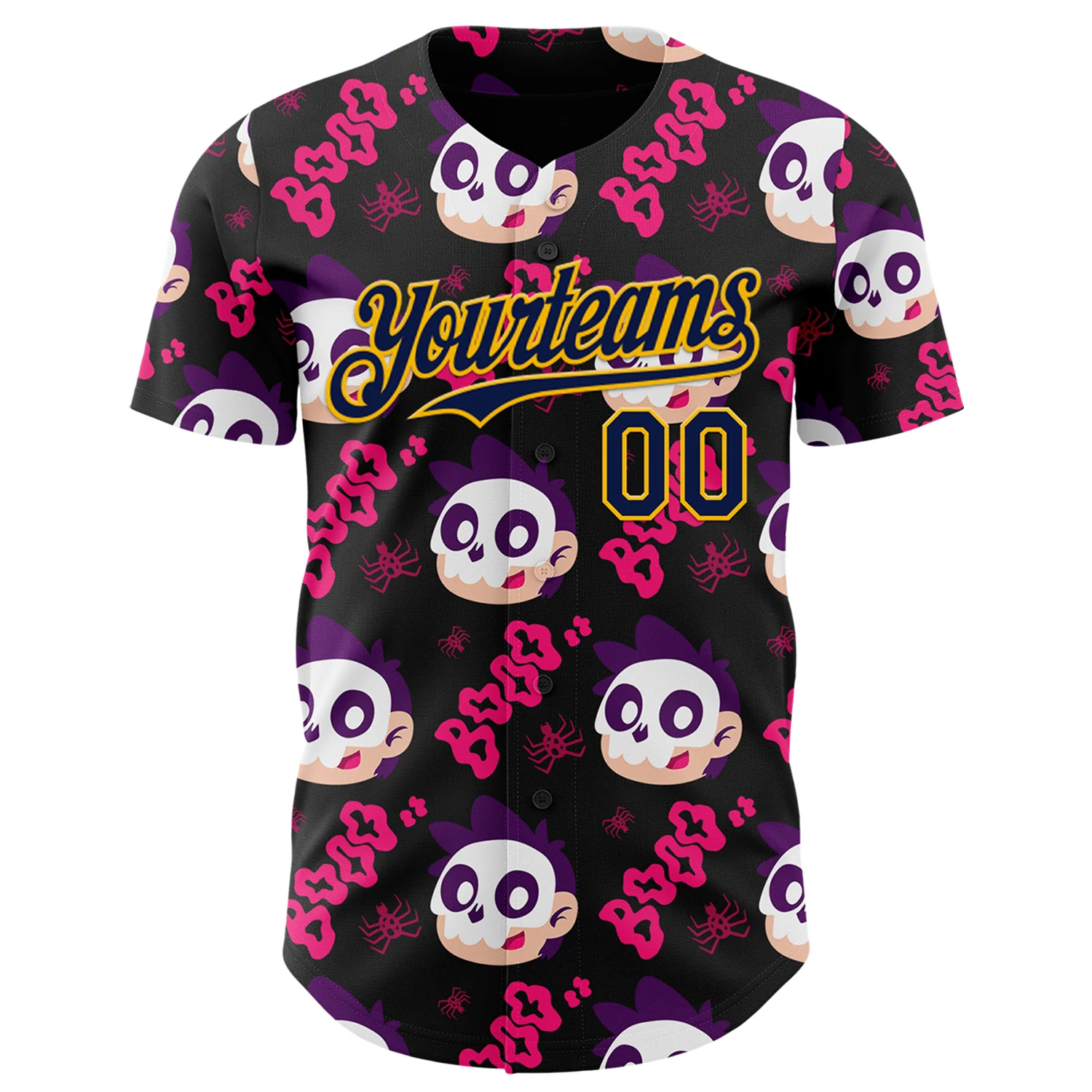 Custom Black Navy Hot Pink-Gold Sugar Skull Day of the Dead Mexican Folk Art Authentic Baseball Jersey - Image 2