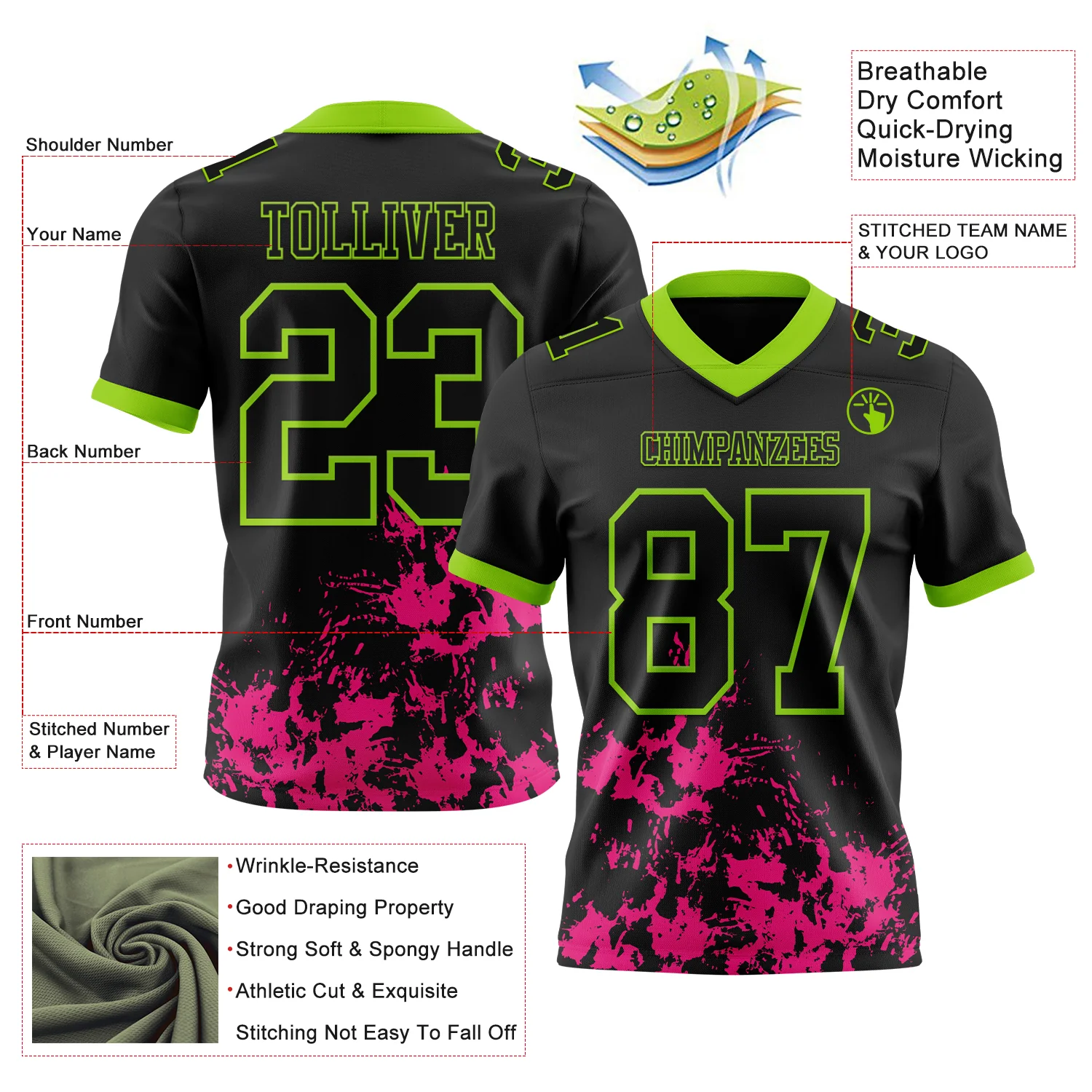Custom Black Hot Pink-Neon Green 3D Pattern Splash Authentic Football Jersey - Image 3