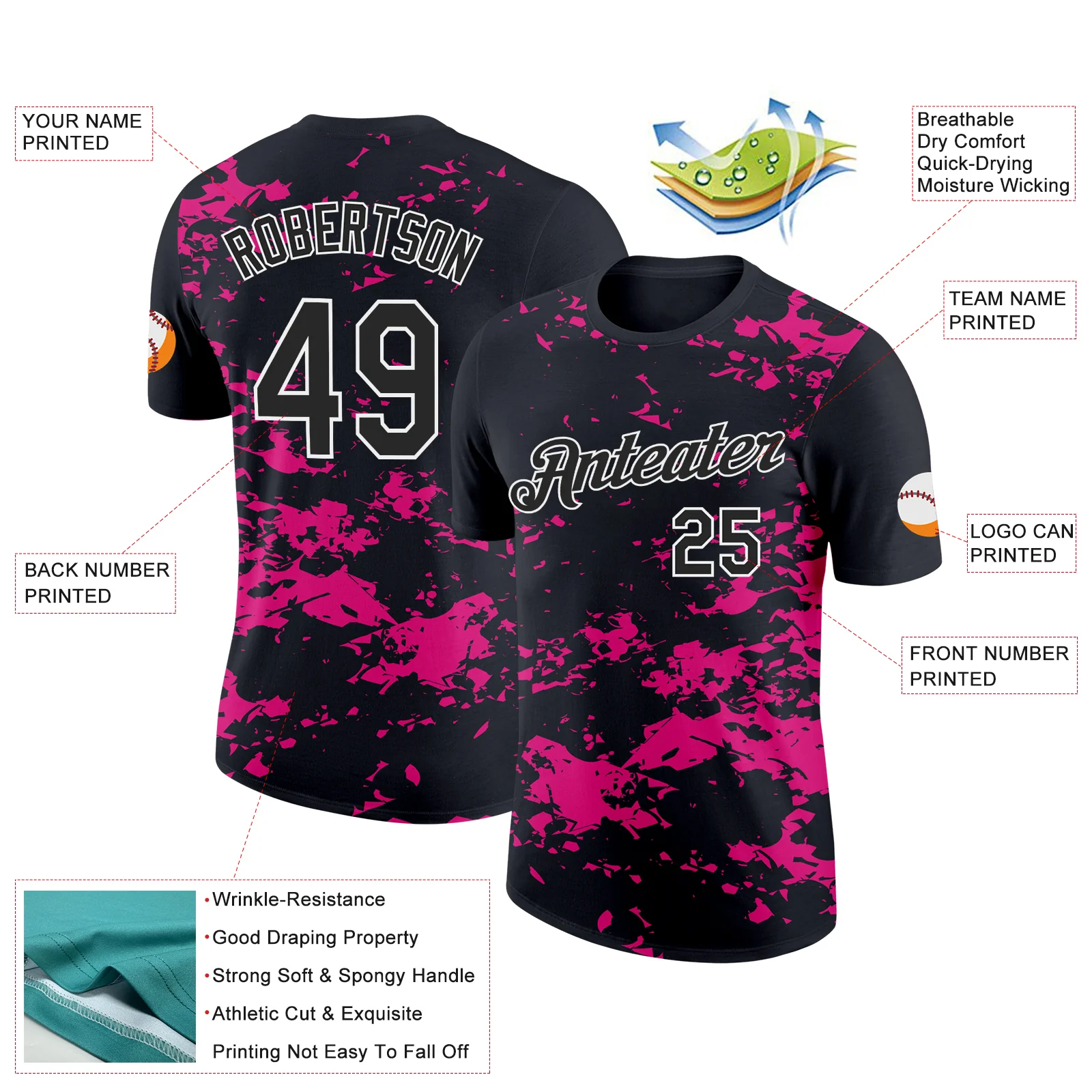 Custom Black Hot Pink-White 3D Esports Performance T-Shirt - Image 2