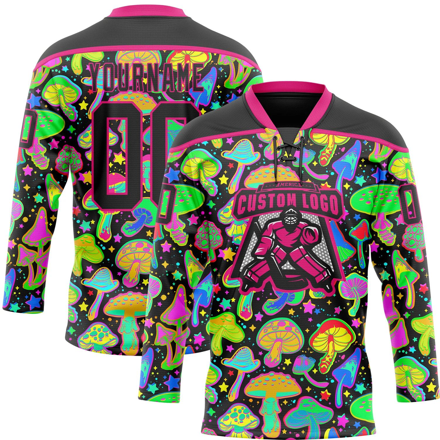 Custom Black Hot Pink Trippy Psychedelic Magic Mushrooms Hockey Lace Neck Jersey - Image 2