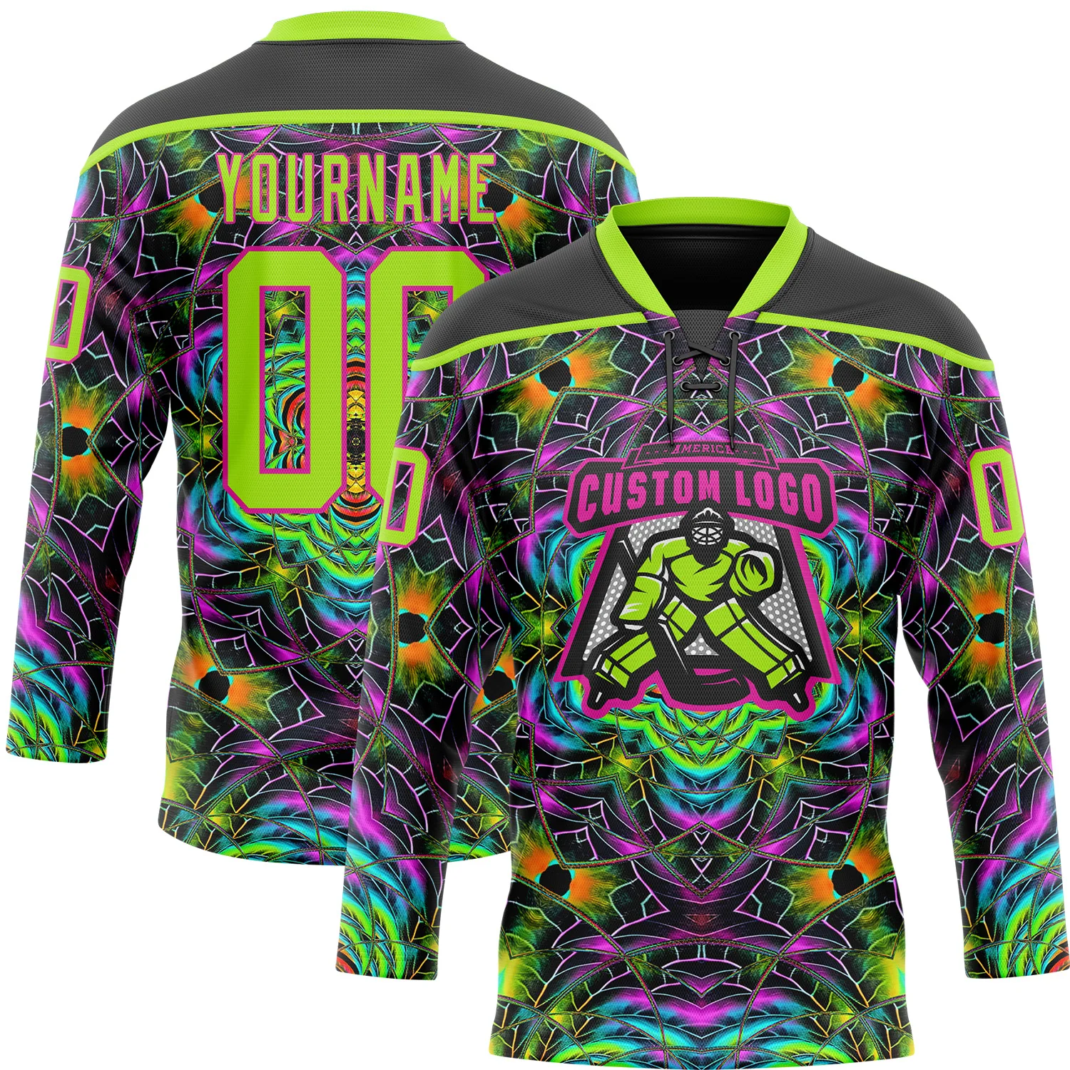 Custom Black Neon Green-Hot Pink Trippy Psychedelic Geometric Hockey Lace Neck Jersey - Image 2