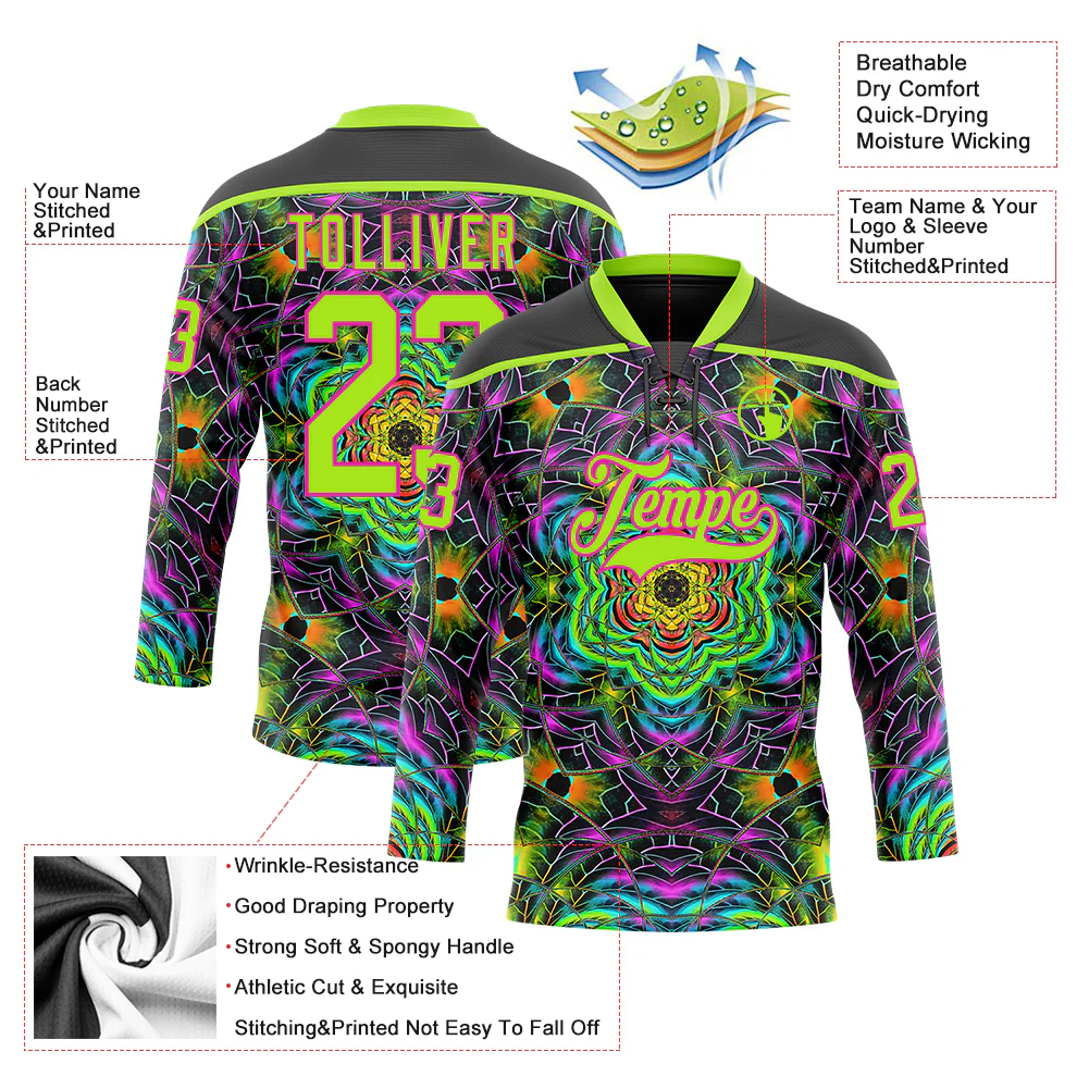 Custom Black Neon Green-Hot Pink Trippy Psychedelic Geometric Hockey Lace Neck Jersey - Image 5