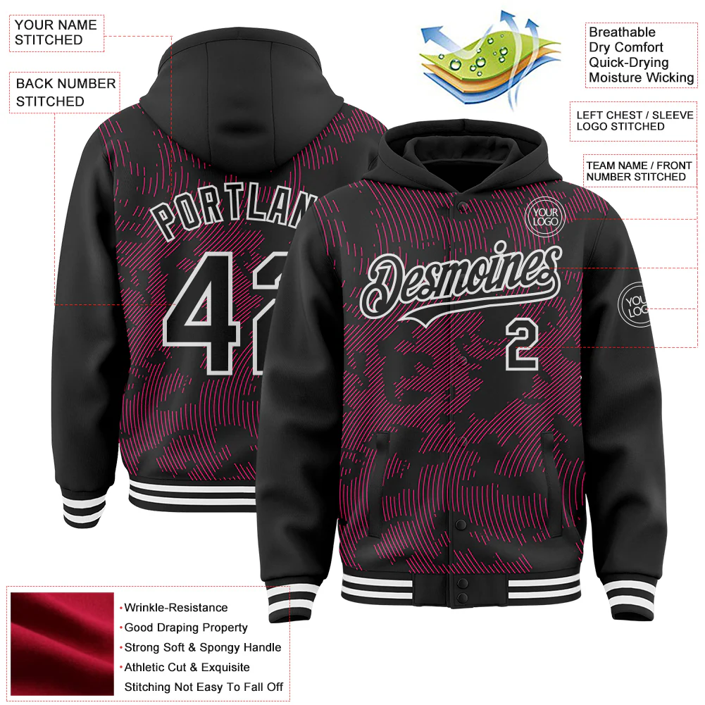 Custom Black Hot Pink-White Curve Lines Bomber Full-Snap Varsity Letterman Hoodie Jacket - Image 4
