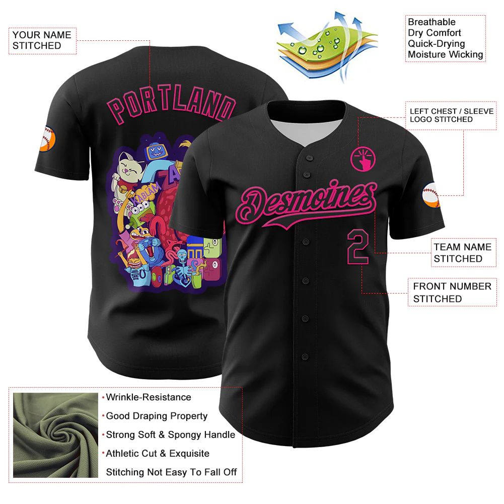 Custom Black Hot Pink 3D Vaunsart Messy Party Authentic Baseball Jersey - Image 3