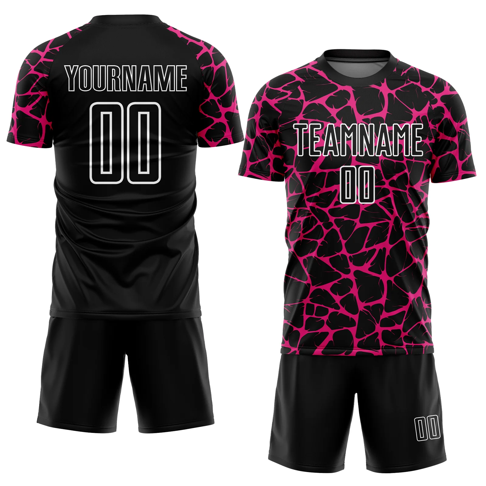 Custom Black Hot Pink-White Abstract Network Splash Sublimation Soccer Uniform Jersey - Image 2