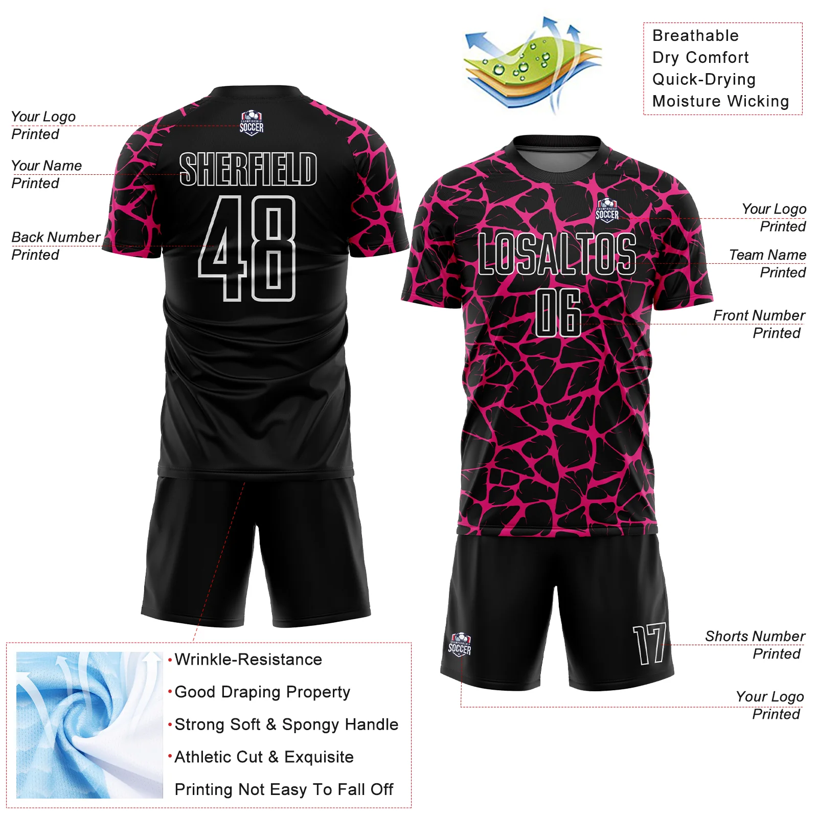 Custom Black Hot Pink-White Abstract Network Splash Sublimation Soccer Uniform Jersey - Image 4