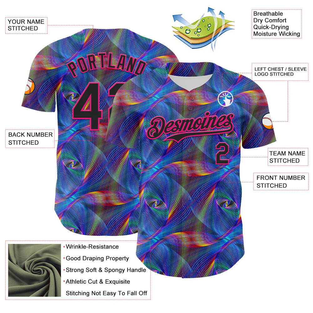 Custom Black Hot Pink 3D Pattern Design Rave Psychedelic Fractal Style Authentic Baseball Jersey - Image 3