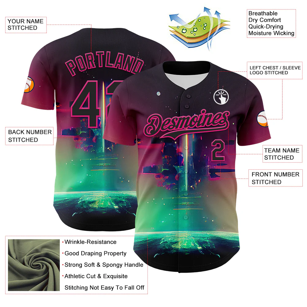 Custom Black Hot Pink 3D Pattern Design Rave Psychedelic Universe Authentic Baseball Jersey - Image 3