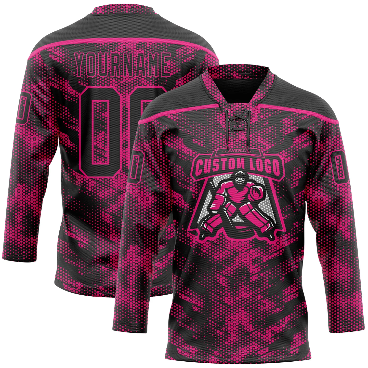 Custom Camo Black-Hot Pink 3D Camouflage Digital Hockey Lace Neck Jersey - Image 2