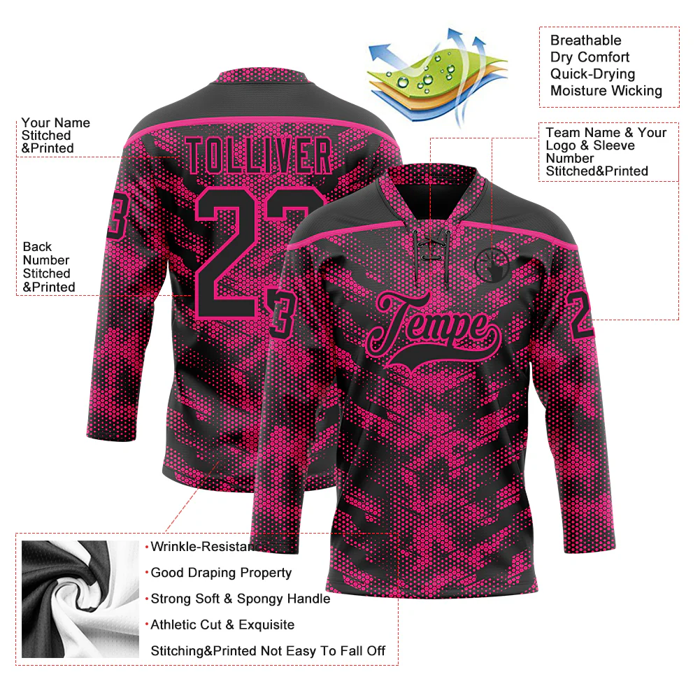 Custom Camo Black-Hot Pink 3D Camouflage Digital Hockey Lace Neck Jersey - Image 5