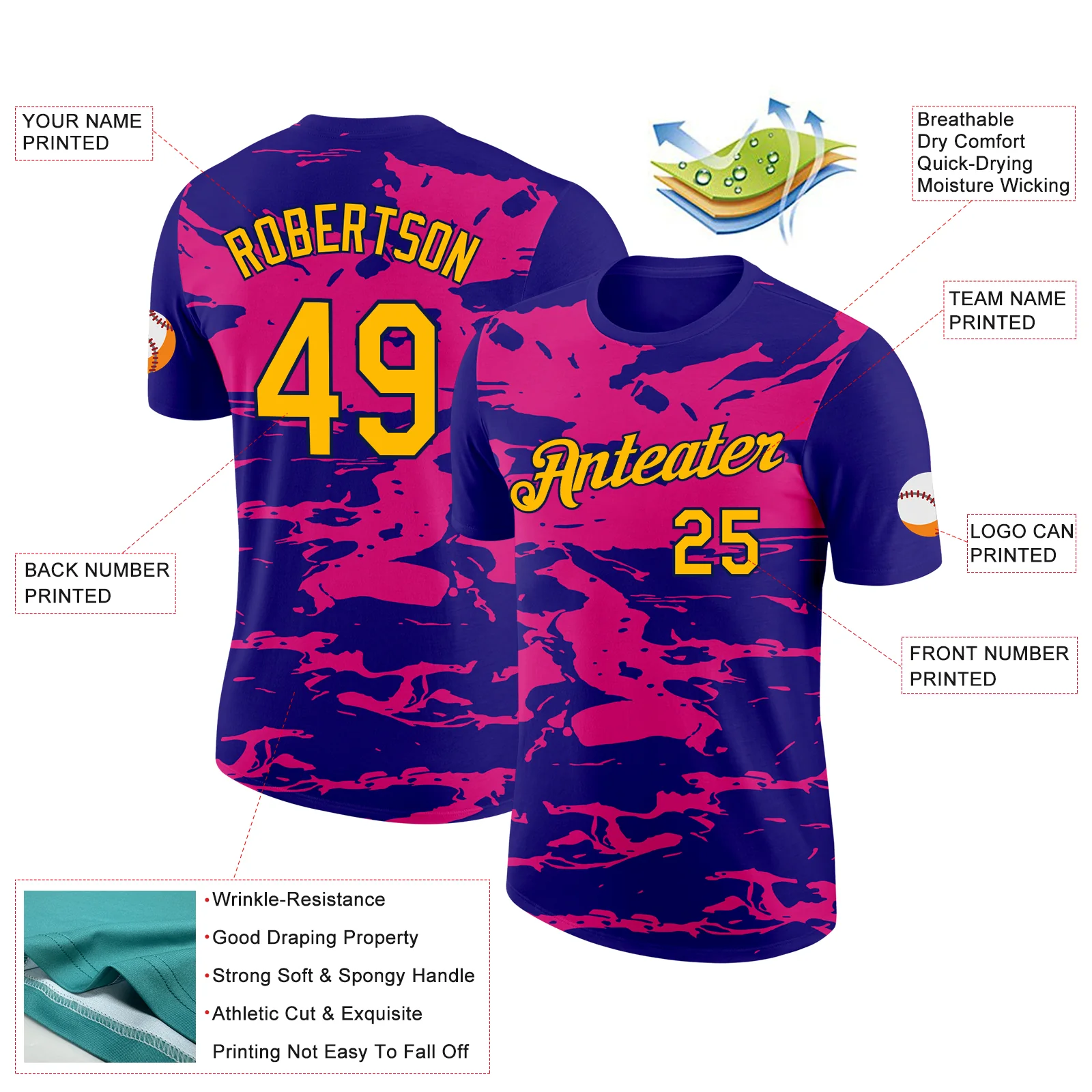 Custom Dark Purple Gold Hot Pink-Navy 3D Esports Performance T-Shirt - Image 2