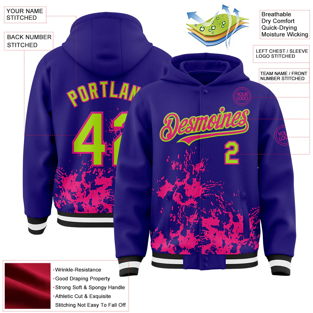 Custom Dark Purple Neon Green Hot Pink Black-White Splash Art 3D Pattern Design Bomber Full-Snap Varsity Letterman Hoodie Jacket - Image 4