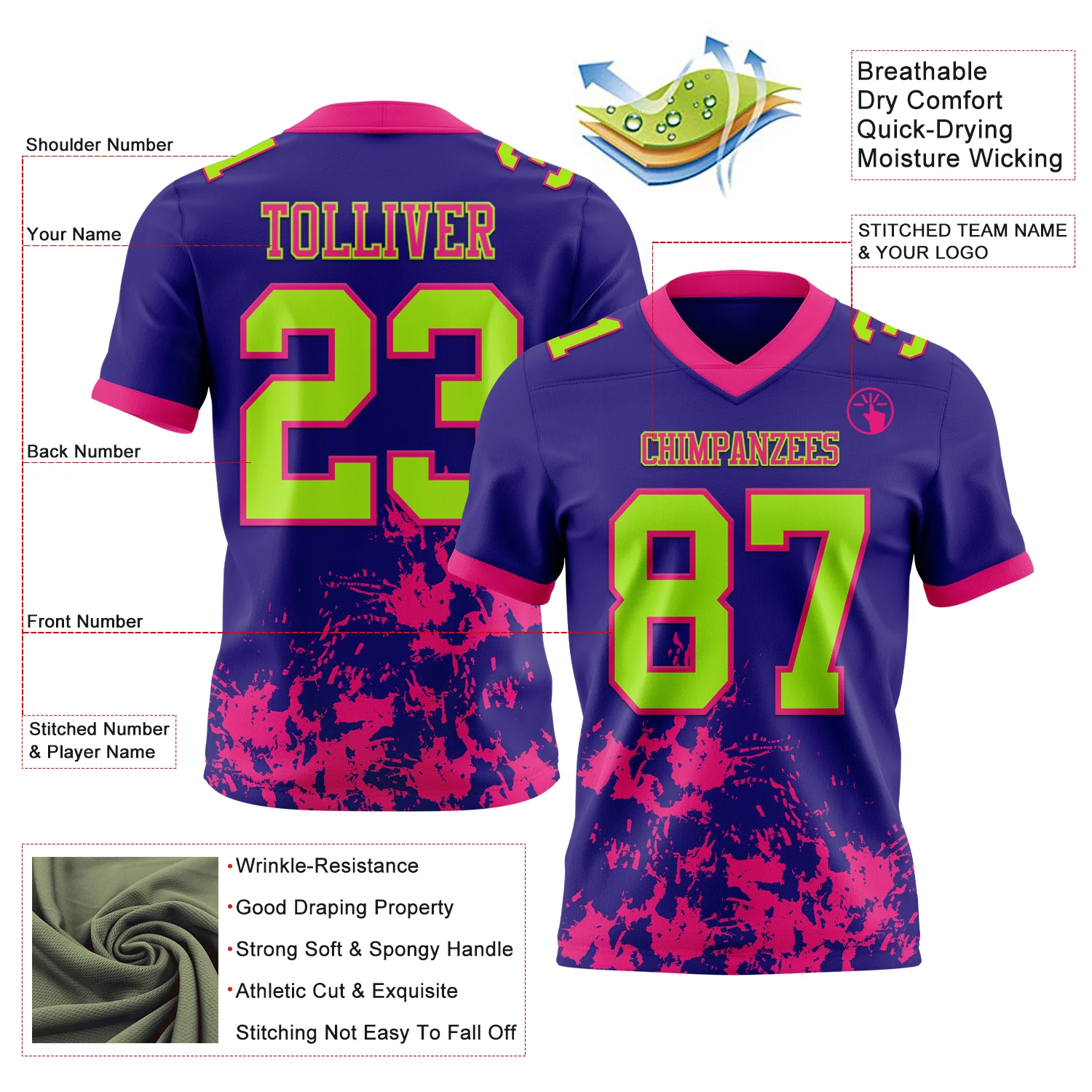 Custom Dark Purple Neon Green-Hot Pink 3D Pattern Splash Authentic Football Jersey - Image 3