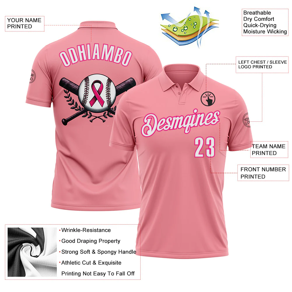 Custom Medium Pink White-Hot Pink 3D Pink Ribbon Breast Cancer Awareness Baseball Performance Polo Shirt - Image 3