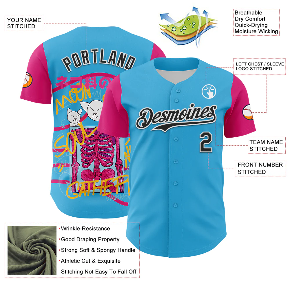 Custom Sky Blue Black Hot Pink-White 3D Vaunsart Skelacat Authentic Baseball Jersey - Image 3