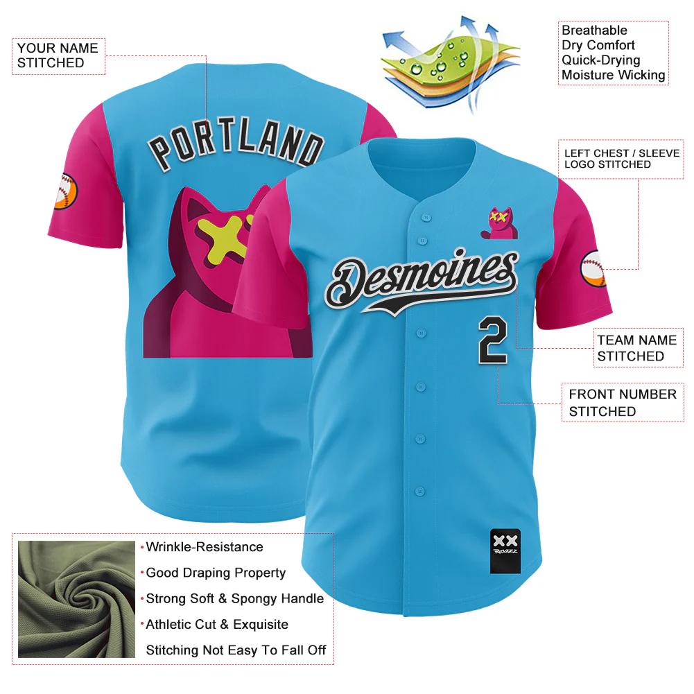 Custom Sky Blue Black-Hot Pink 3D Revzzz Katzen Authentic Baseball Jersey - Image 3