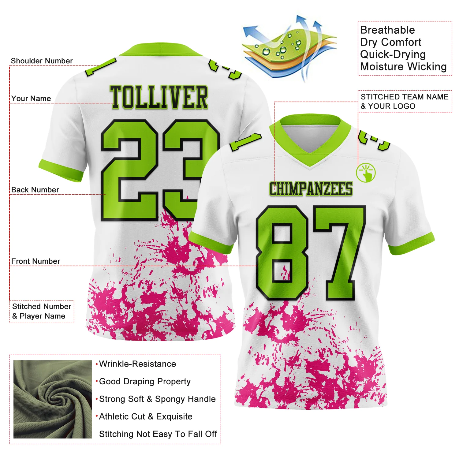 Custom White Neon Green Hot Pink-Black 3D Pattern Splash Authentic Football Jersey - Image 3