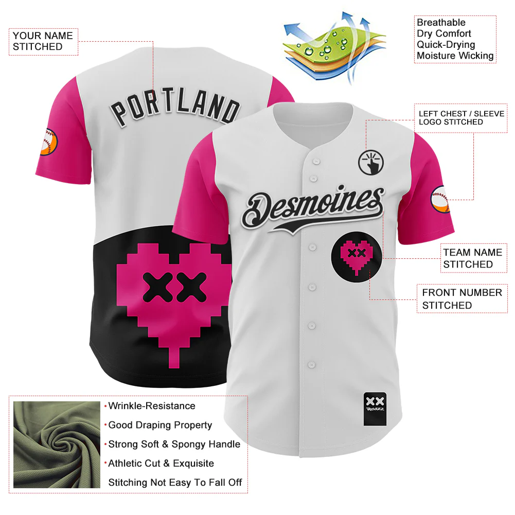 Custom White Black-Hot Pink 3D Revzzz Pixelated Love Authentic Baseball Jersey - Image 3