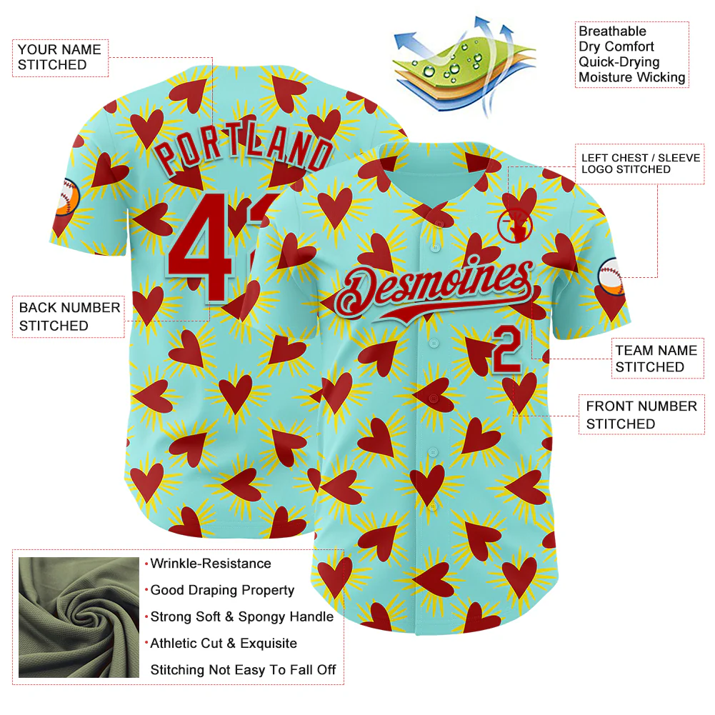 Custom Ice Blue Red Valentine's Day Love Heart Authentic Baseball Jersey - Image 3