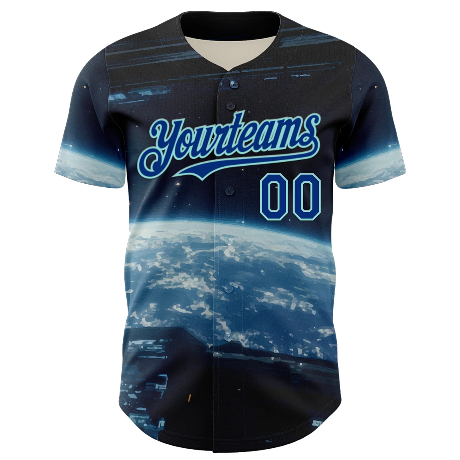 Custom Black Royal-Ice Blue 3D Pattern Design Outer Space Starships Authentic Baseball Jersey - Image 2