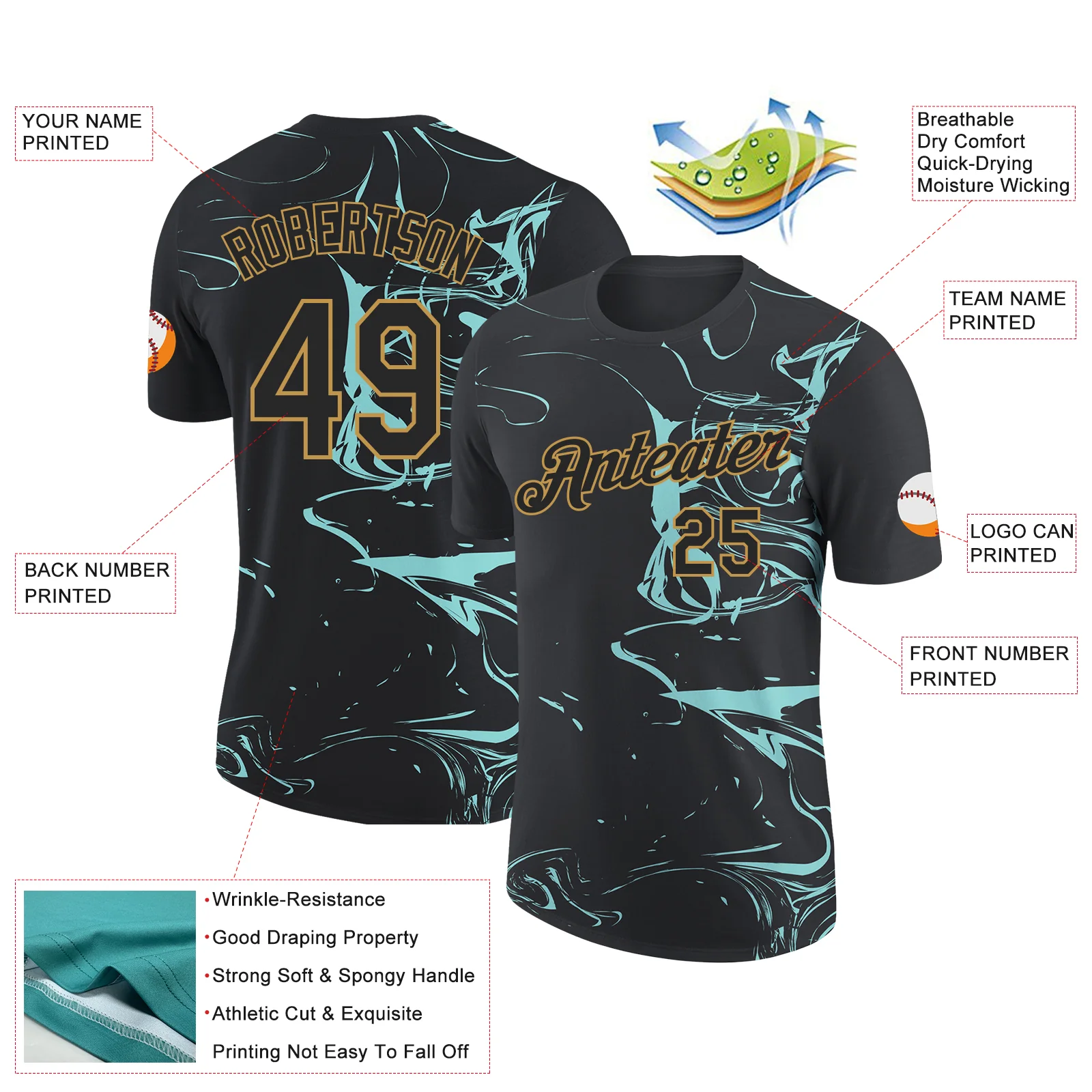 Custom Black Ice Blue-Old Gold 3D Esports Performance T-Shirt - Image 2