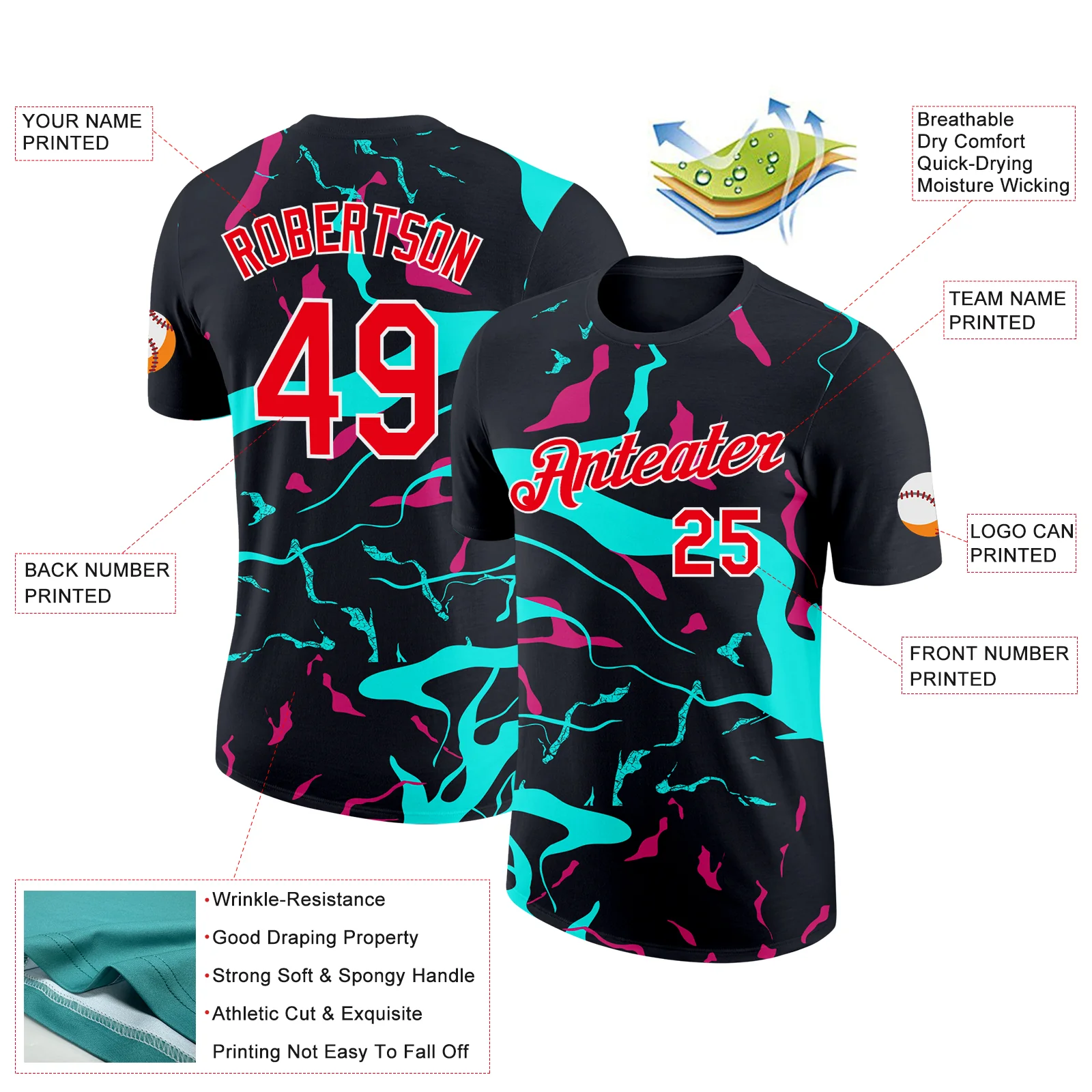 Custom Black Fire Red Ice Blue-Hot Pink 3D Esports Performance T-Shirt - Image 2
