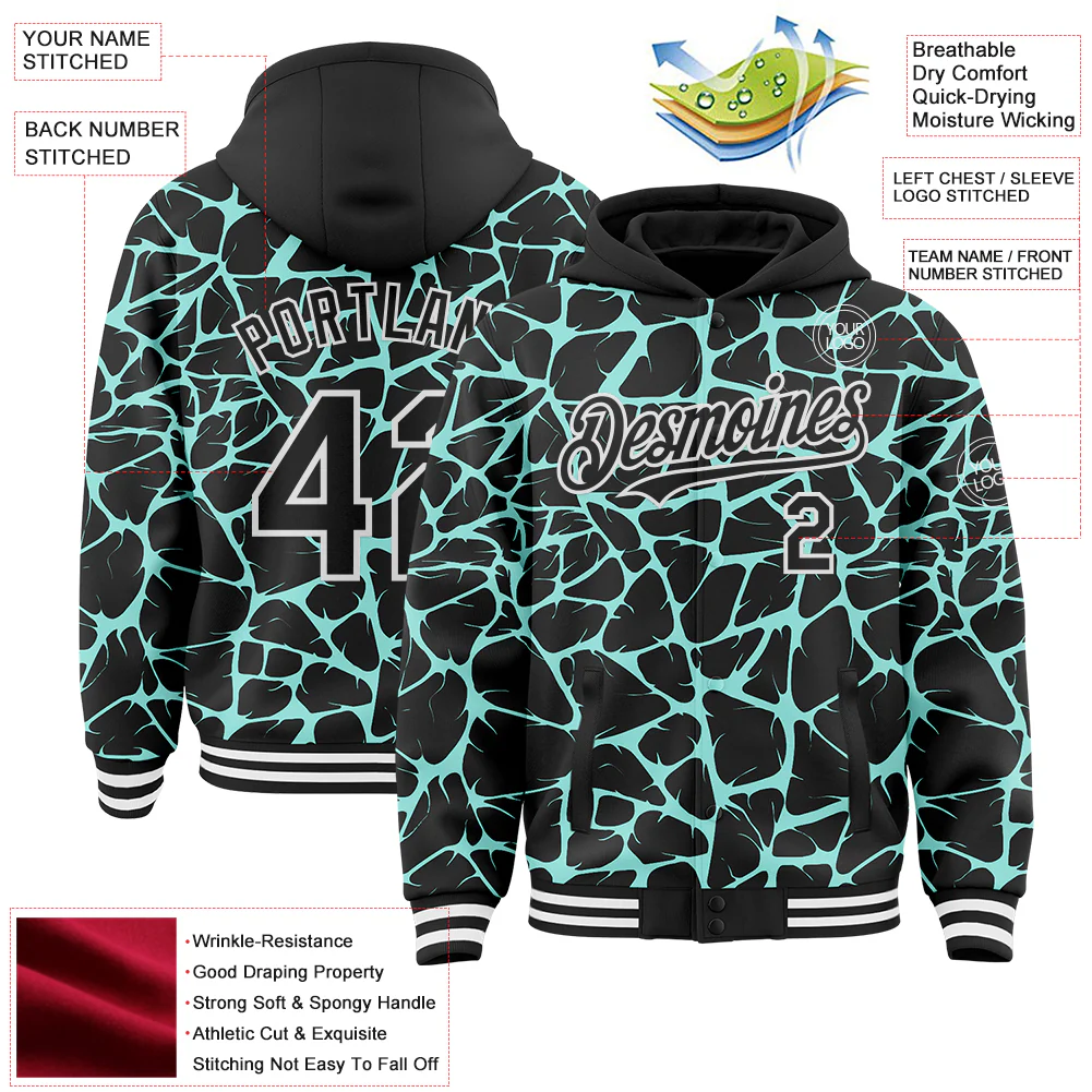 Custom Black Ice Blue-White Abstract Network Bomber Full-Snap Varsity Letterman Hoodie Jacket - Image 4
