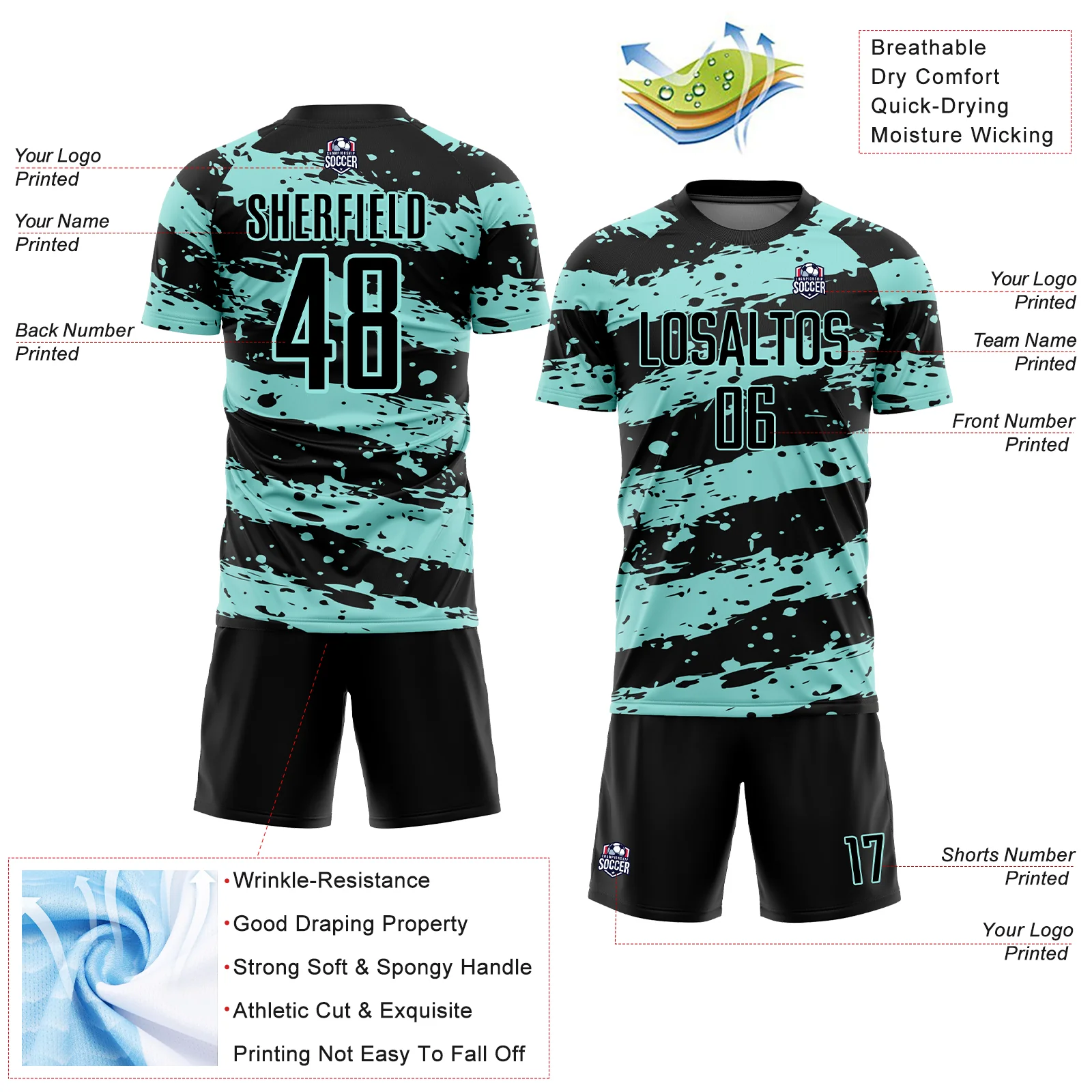 Custom Black Ice Blue Splash Sublimation Soccer Uniform Jersey - Image 4
