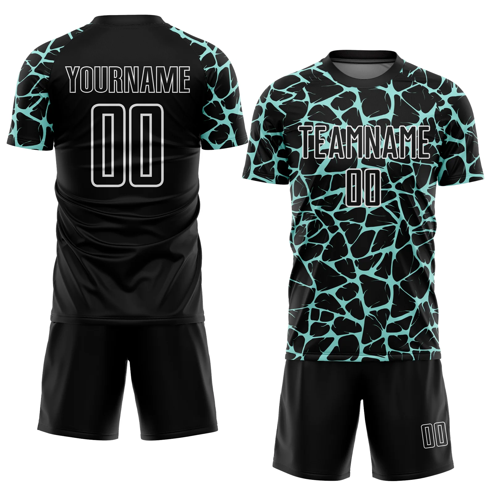 Custom Black Ice Blue-White Abstract Network Splash Sublimation Soccer Uniform Jersey - Image 2
