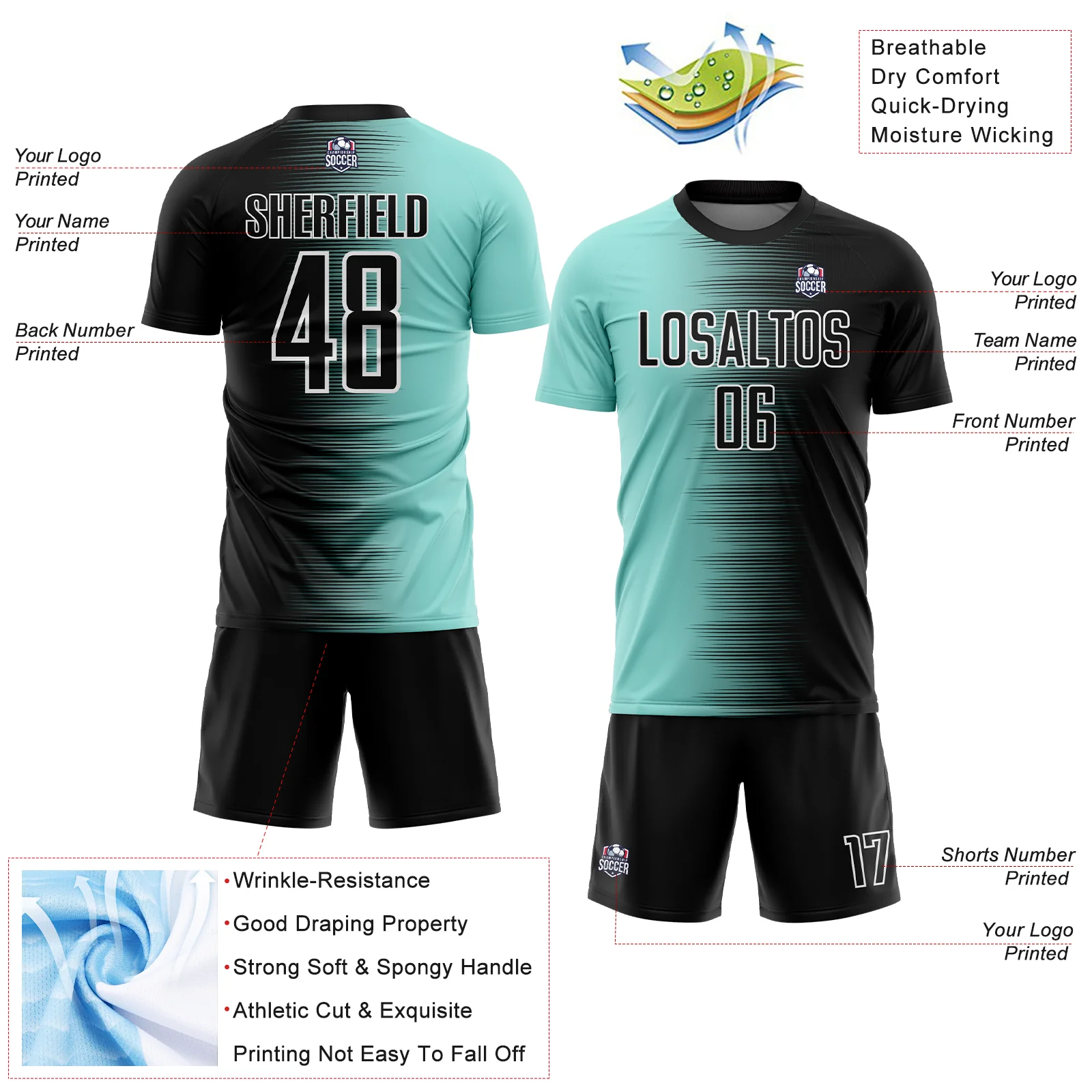 Custom Black Ice Blue-White Gradient Line Sublimation Soccer Uniform Jersey - Image 4