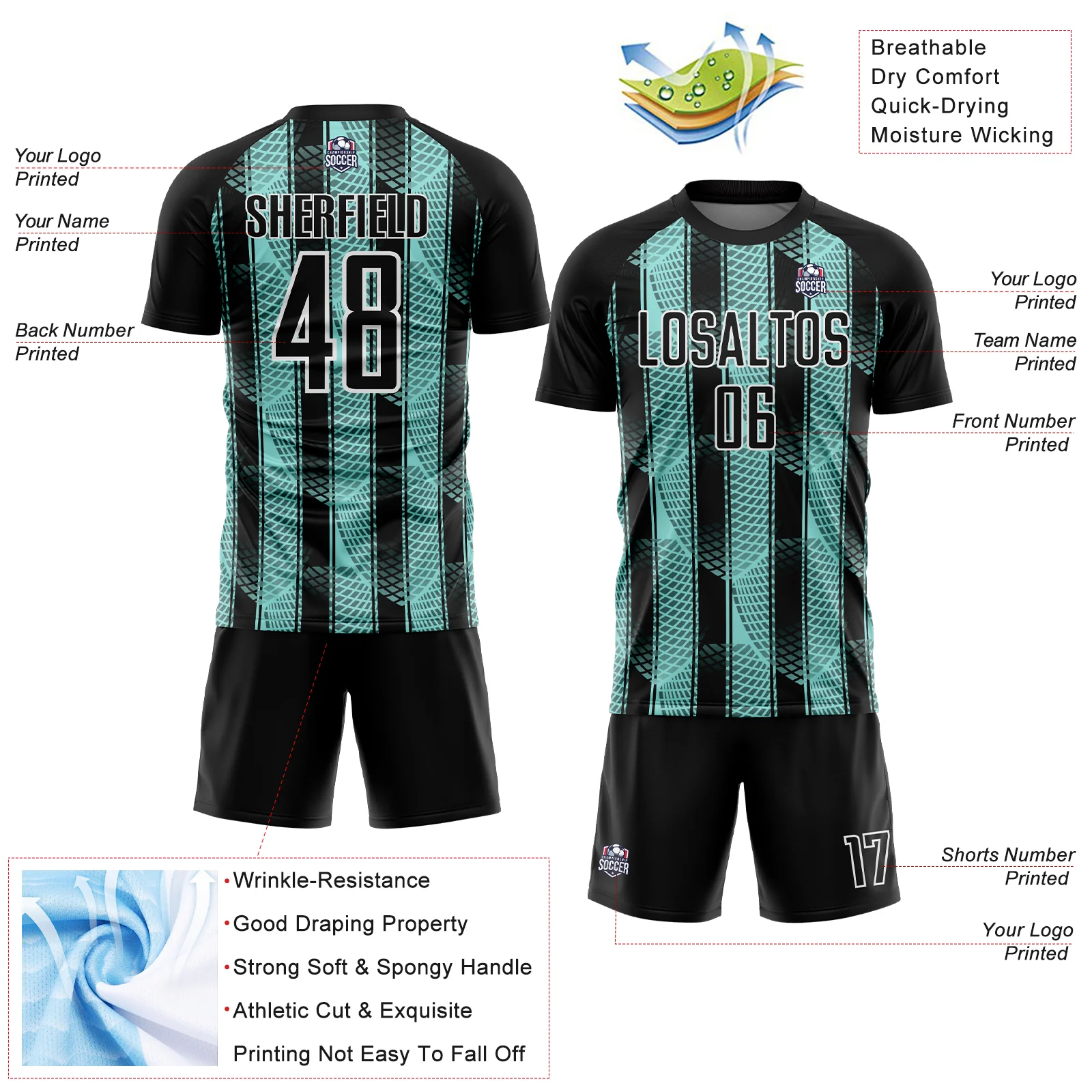 Custom Black Ice Blue-White Abstract Network Sublimation Soccer Uniform Jersey - Image 4